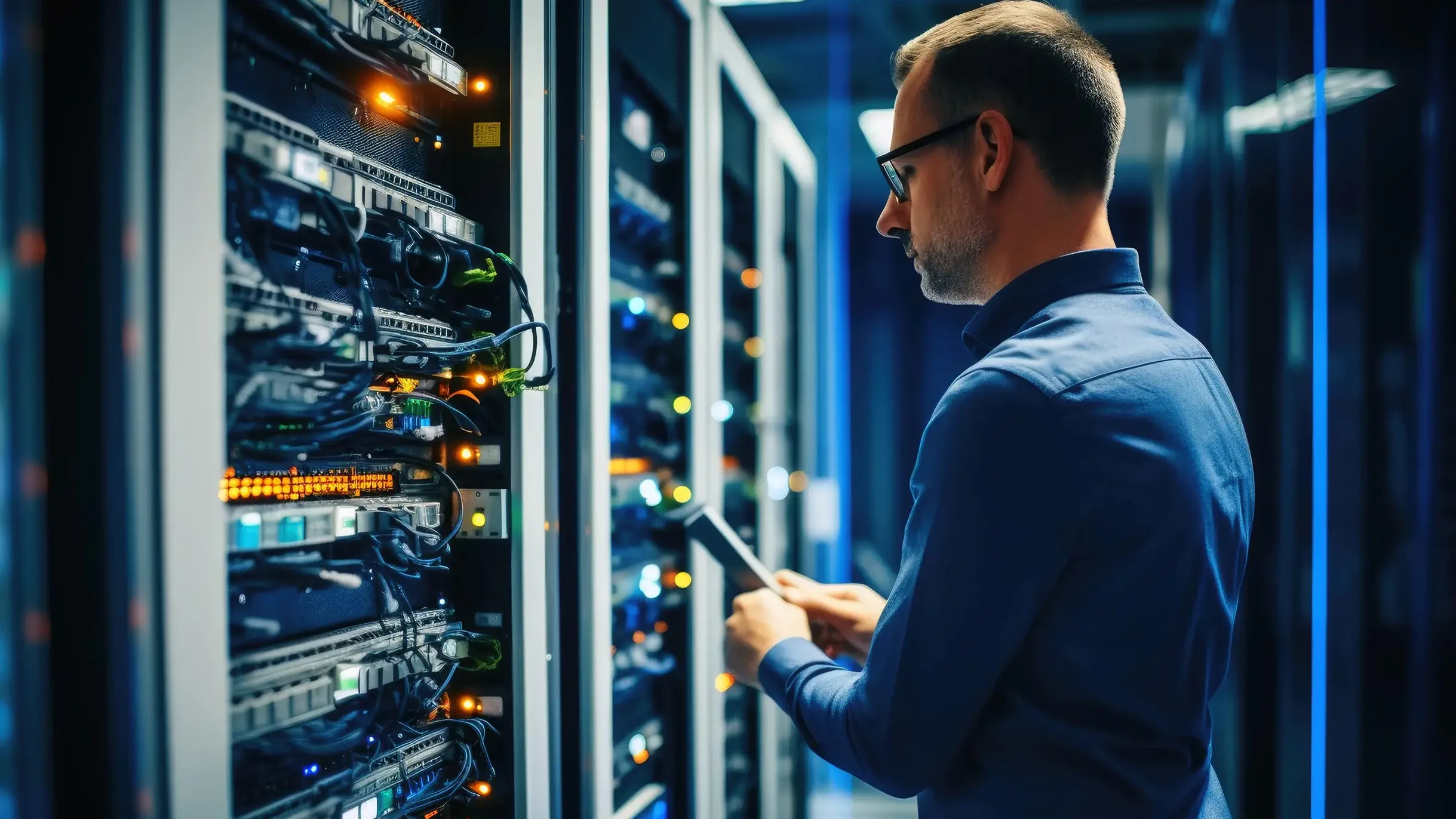 Ein IT-Mitarbeiter prüft im Serverraum die Computer.