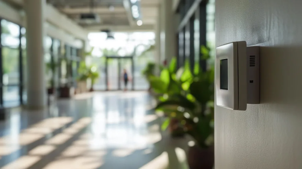 An der Wand montierte Alarmanlage in einem Geschäftsraum.